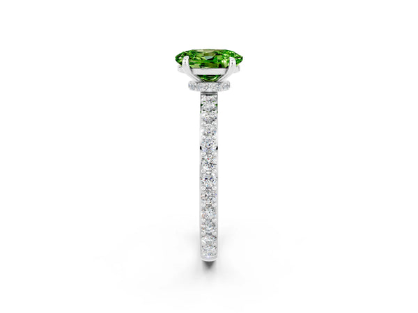 Silver Oval Cut Peridot Solitaire Engagement Ring with Pavé Band and Four-Prong Setting