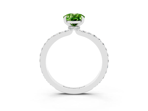 Platinum Oval Cut Peridot Solitaire Engagement Ring with Pavé Band and Four-Prong Setting
