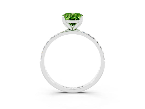 Silver Oval Cut Peridot Solitaire Engagement Ring with Round  Pavé Band and Prong Setting