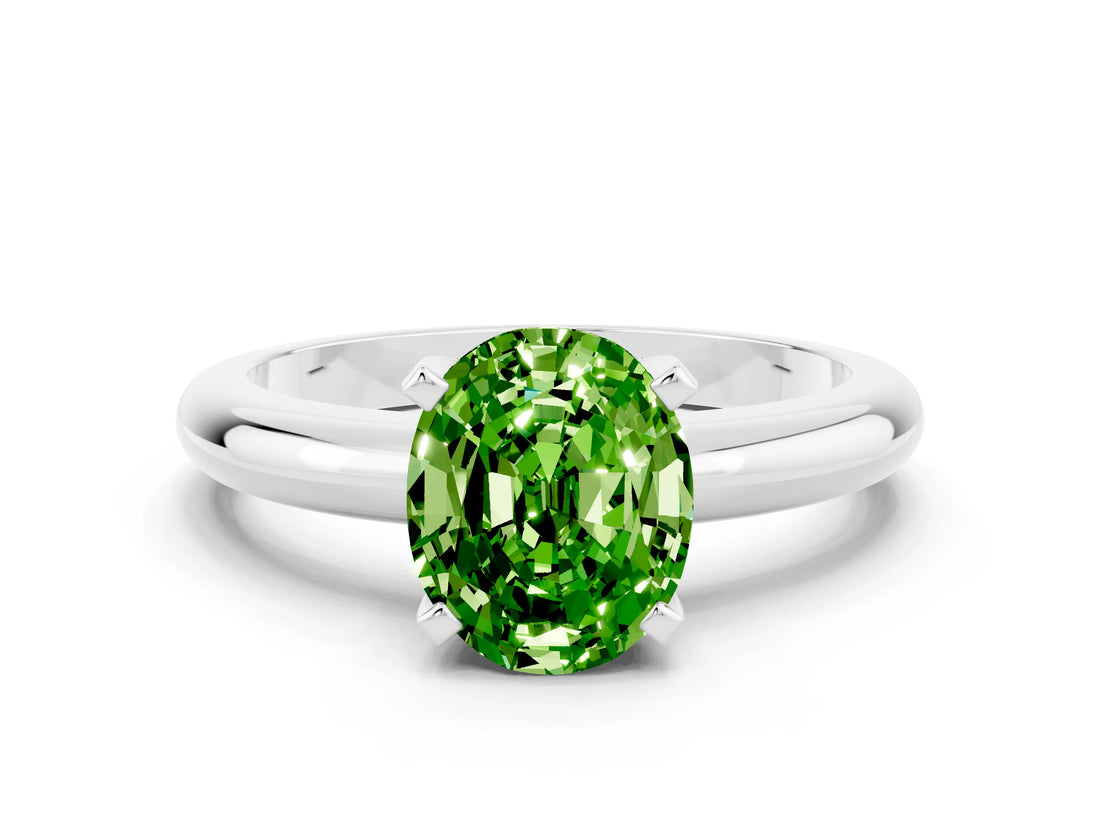 White gold Oval Cut Peridot Solitaire Engagement Ring with Round Band and Four-Prong Setting