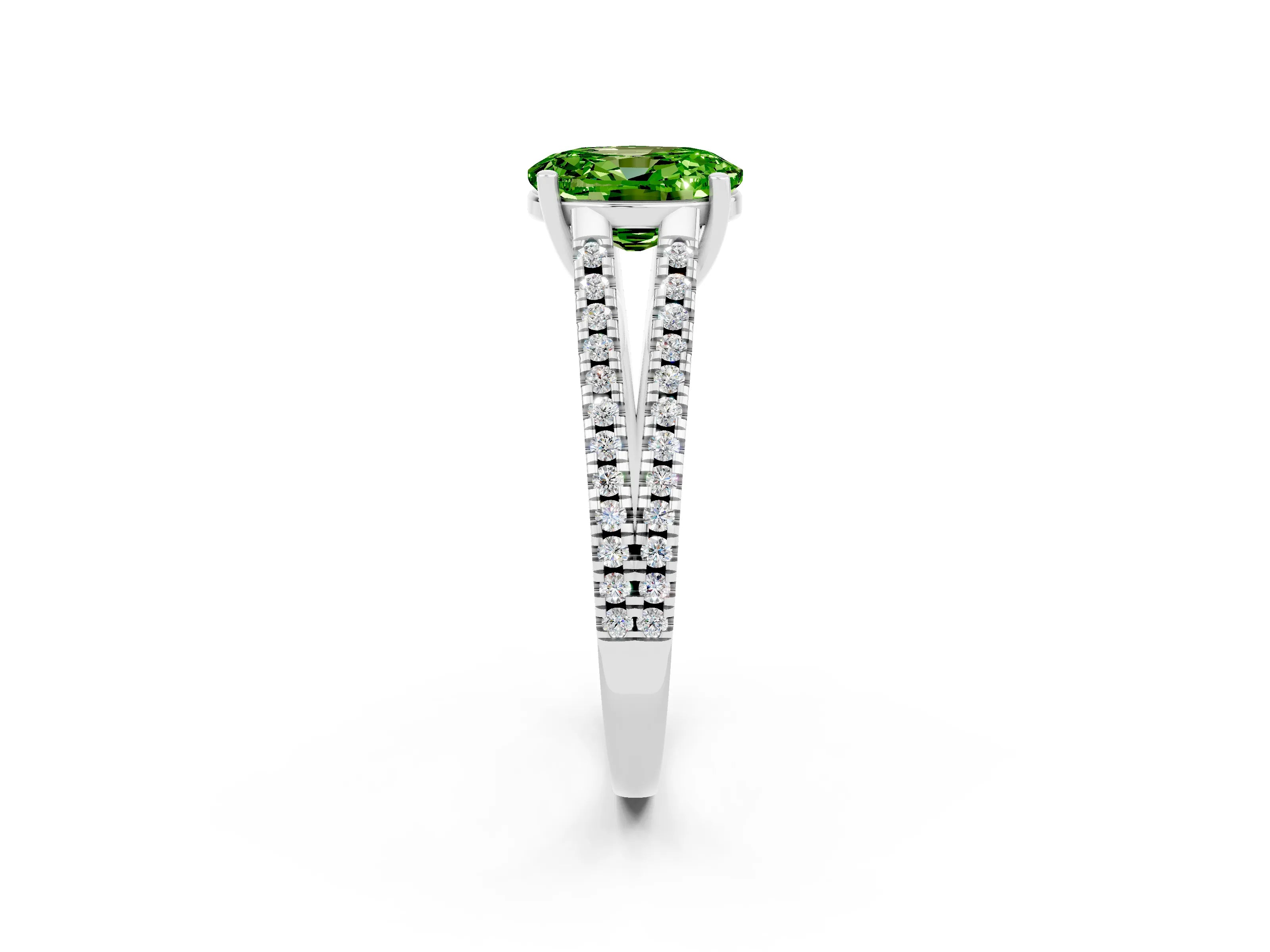 White gold Oval Cut Peridot Solitaire Engagement Ring with Split Shank Pavé Band_2