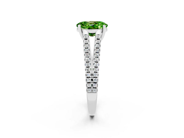 Silver Oval Cut Peridot Solitaire Engagement Ring with Split Shank Pavé Band