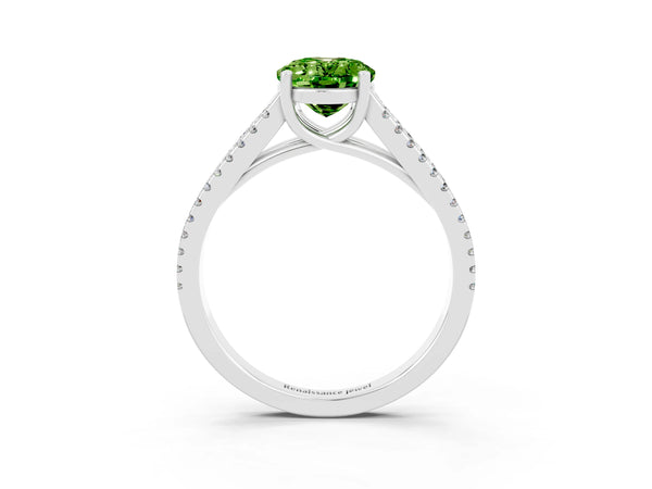 Platinum Oval Cut Peridot Solitaire Engagement Ring with Split Shank Pavé Band
