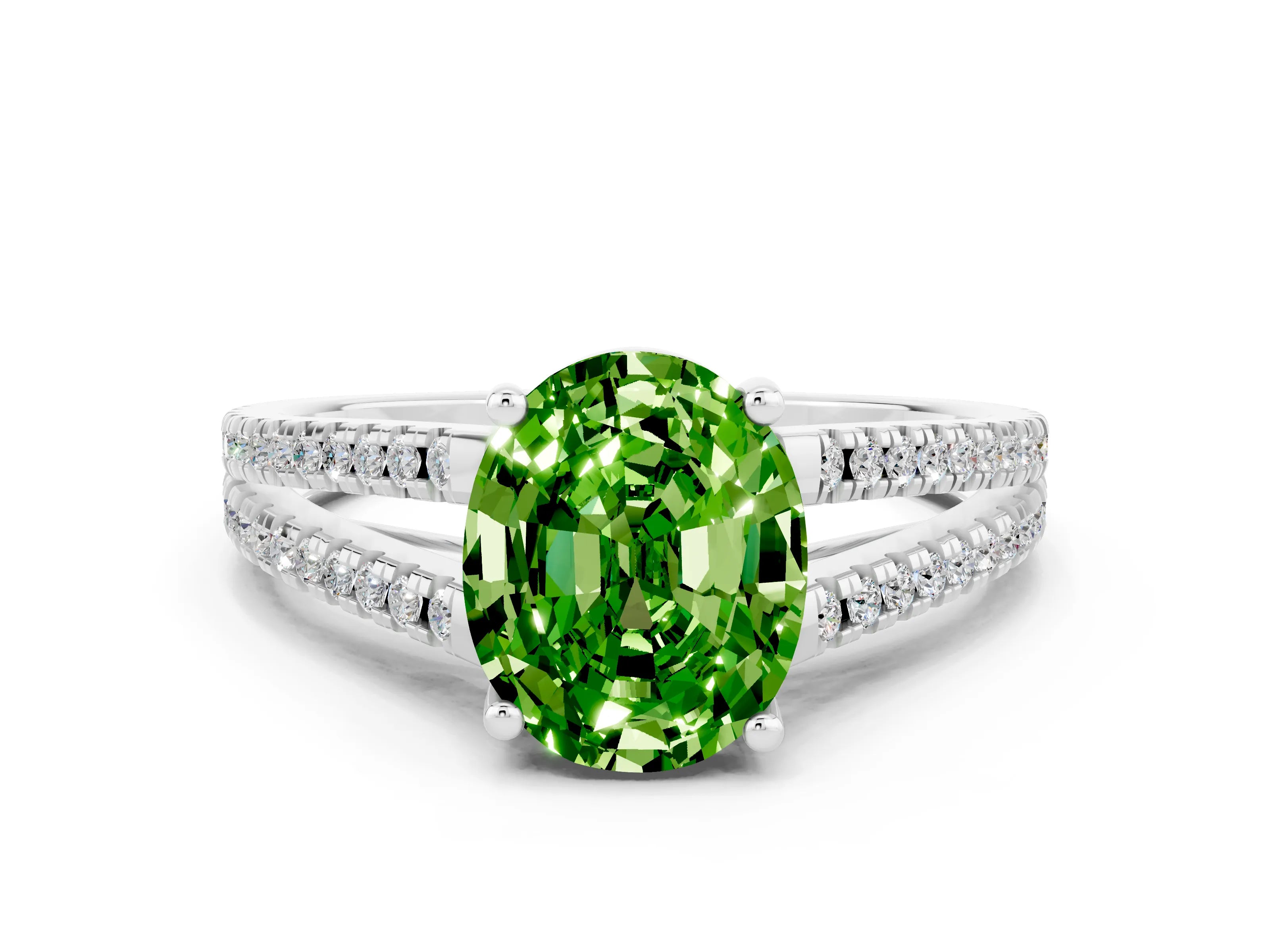 White gold Oval Cut Peridot Solitaire Engagement Ring with Split Shank Pavé Band