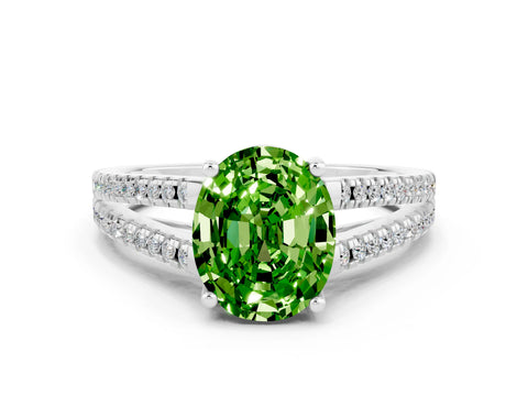 White gold Oval Cut Peridot Solitaire Engagement Ring with Split Shank Pavé Band