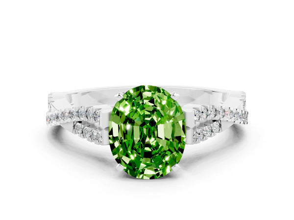 Platinum Oval Cut Peridot Solitaire Engagement Ring with Twisted Pavé Band and Four-Prong Setting