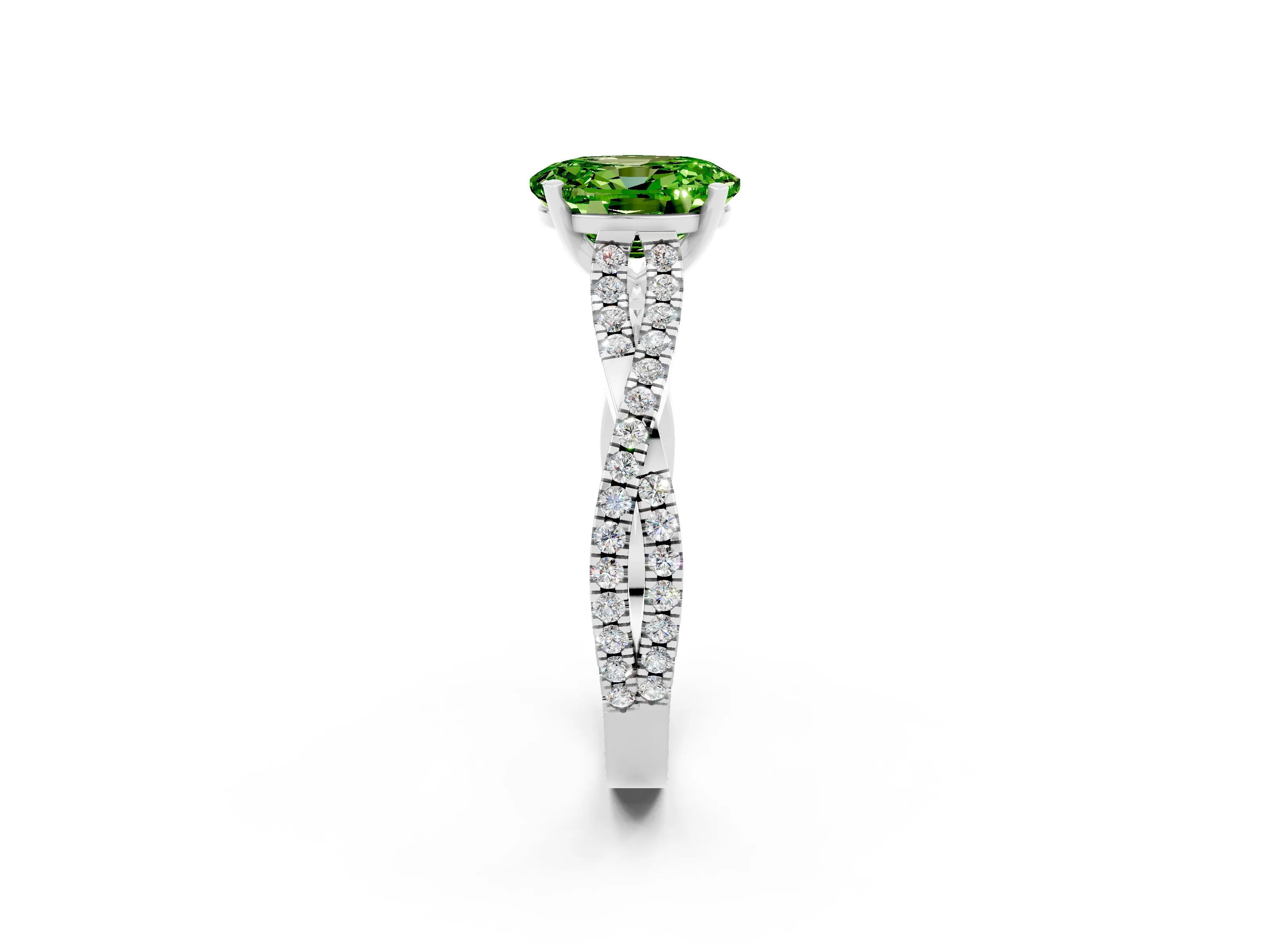 White gold Oval Cut Peridot Solitaire Engagement Ring with Twisted Pavé Band and Four-Prong Setting_2