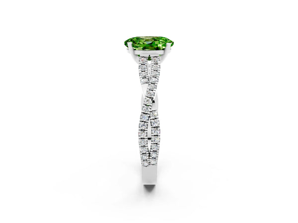 Silver Oval Cut Peridot Solitaire Engagement Ring with Twisted Pavé Band and Four-Prong Setting