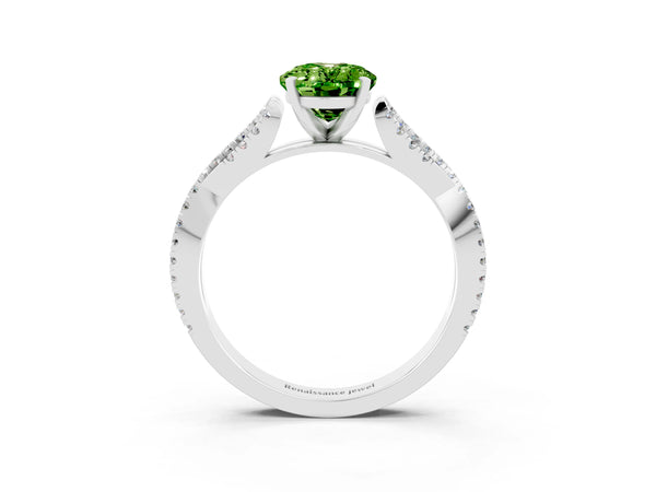 White gold Oval Cut Peridot Solitaire Engagement Ring with Twisted Pavé Band and Four-Prong Setting