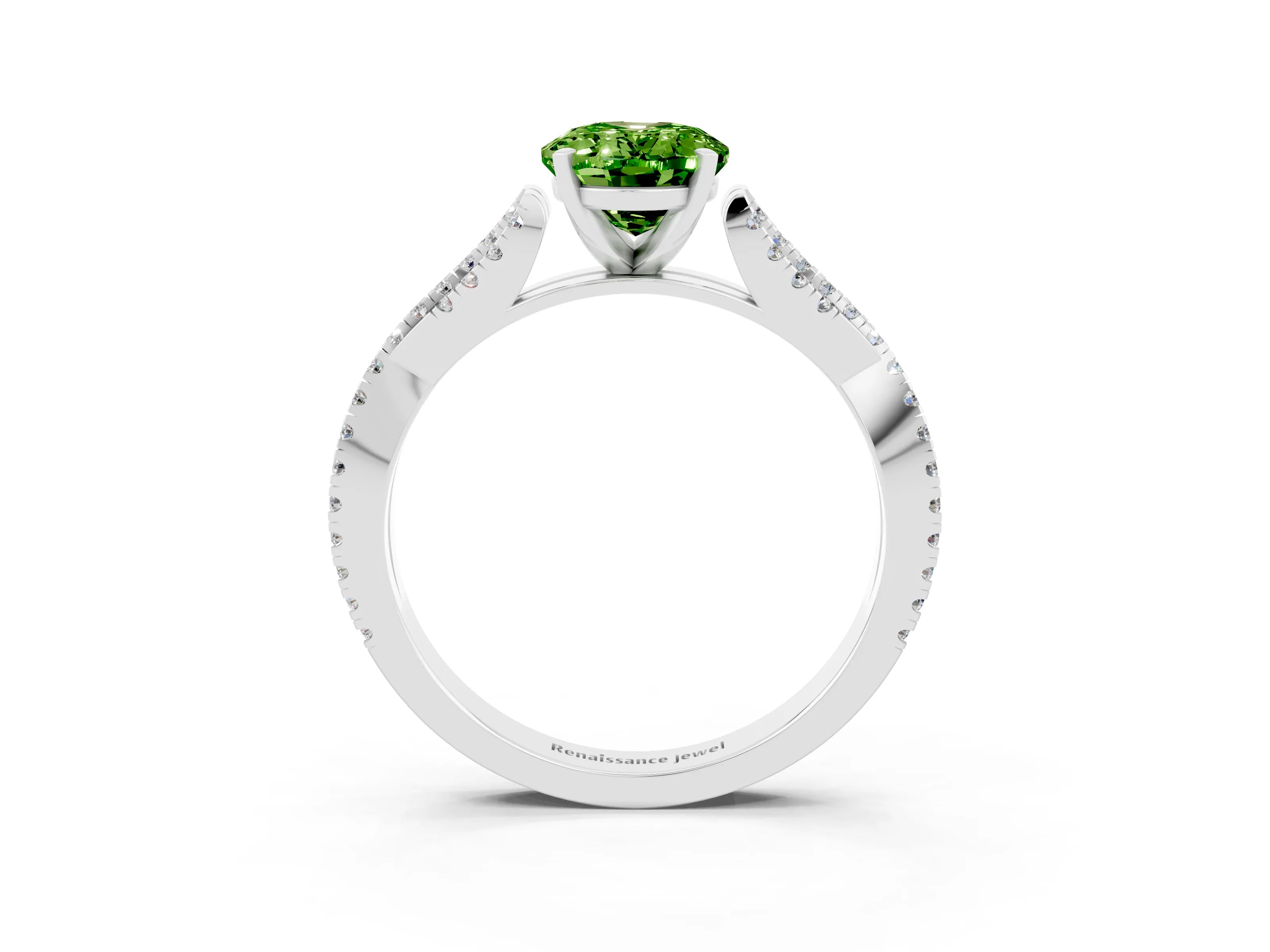 White gold Oval Cut Peridot Solitaire Engagement Ring with Twisted Pavé Band and Four-Prong Setting_3