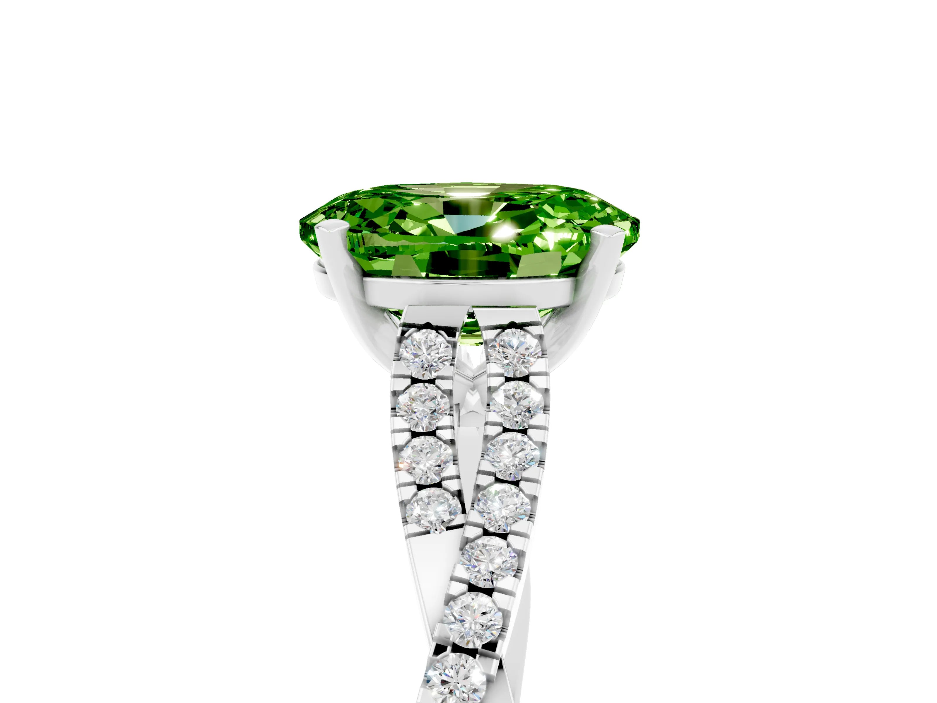 White gold Oval Cut Peridot Solitaire Engagement Ring with Twisted Pavé Band and Four-Prong Setting_5