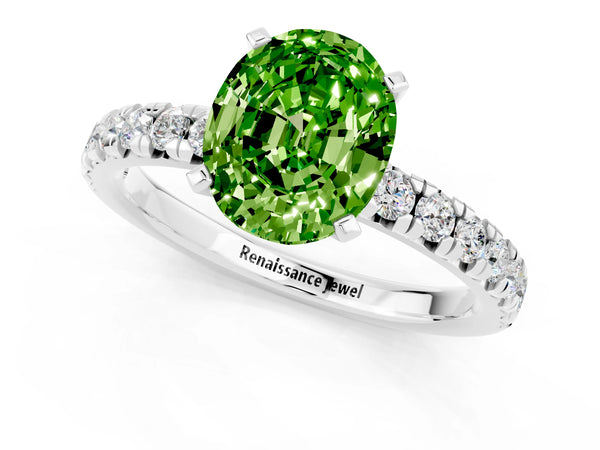 Platinum Oval Cut Peridot Solitaire Pavé Engagement Ring with Round Band and Prong Setting