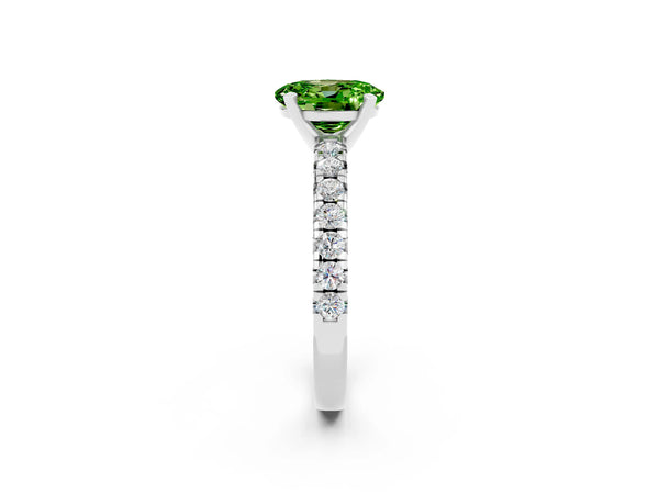 Silver Oval Cut Peridot Solitaire Pavé Engagement Ring with Round Band and Prong Setting