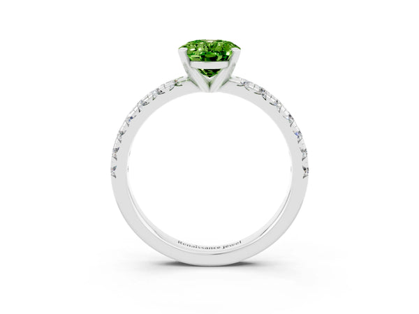Platinum Oval Cut Peridot Solitaire Pavé Engagement Ring with Round Band and Prong Setting