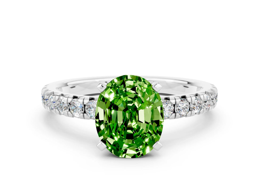 White gold Oval Cut Peridot Solitaire Pavé Engagement Ring with Round Band and Prong Setting_66