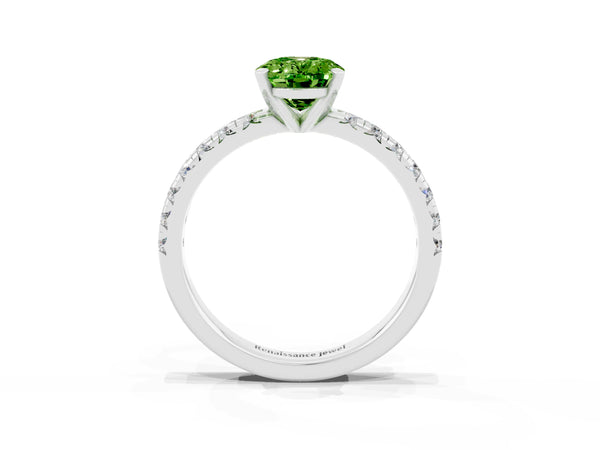 White gold Oval Cut Peridot Solitaire Pavé Engagement Ring with Round Band and Prong Setting