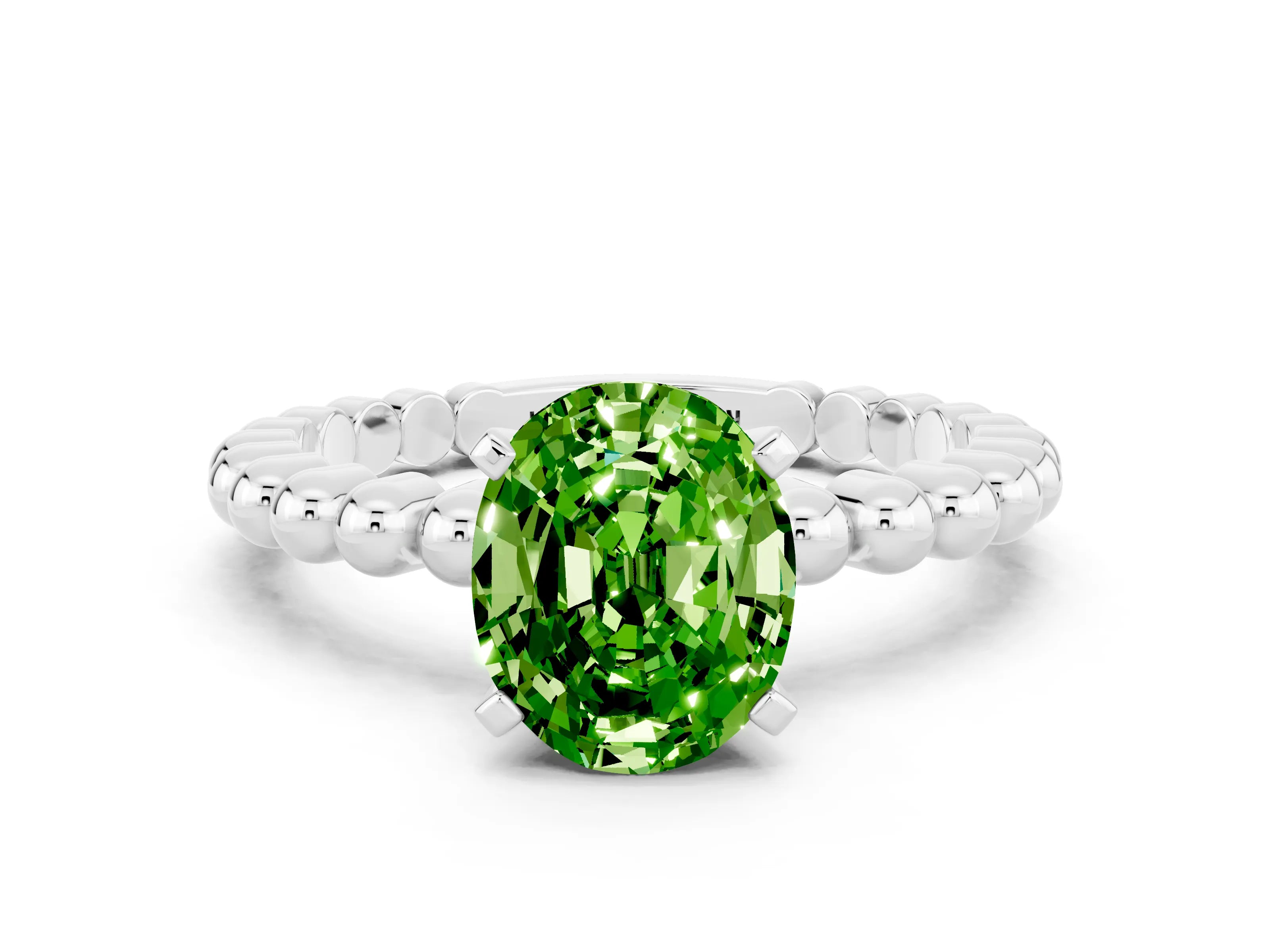 White gold Oval Cut Peridot Solitaire Ring with Beaded Band and Prong Setting_12