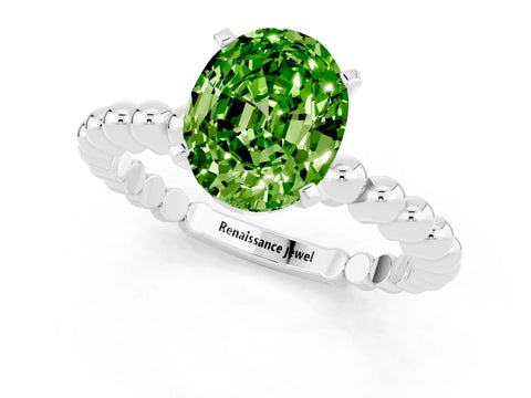 White gold Oval Cut Peridot Solitaire Ring with Beaded Band and Prong Setting_13