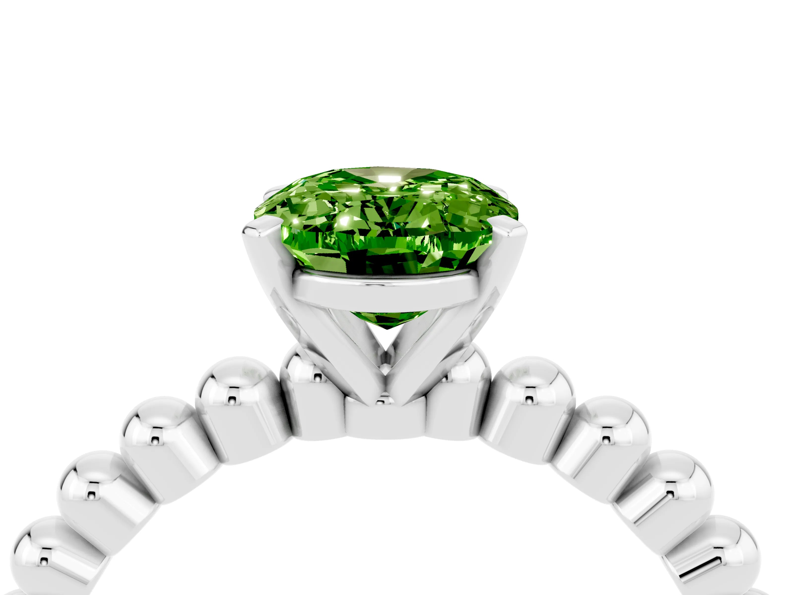 White gold Oval Cut Peridot Solitaire Ring with Beaded Band and Prong Setting_16