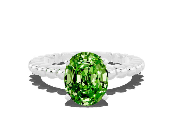 Platinum Oval Cut Peridot Solitaire Ring with Beaded Band and Prong Setting