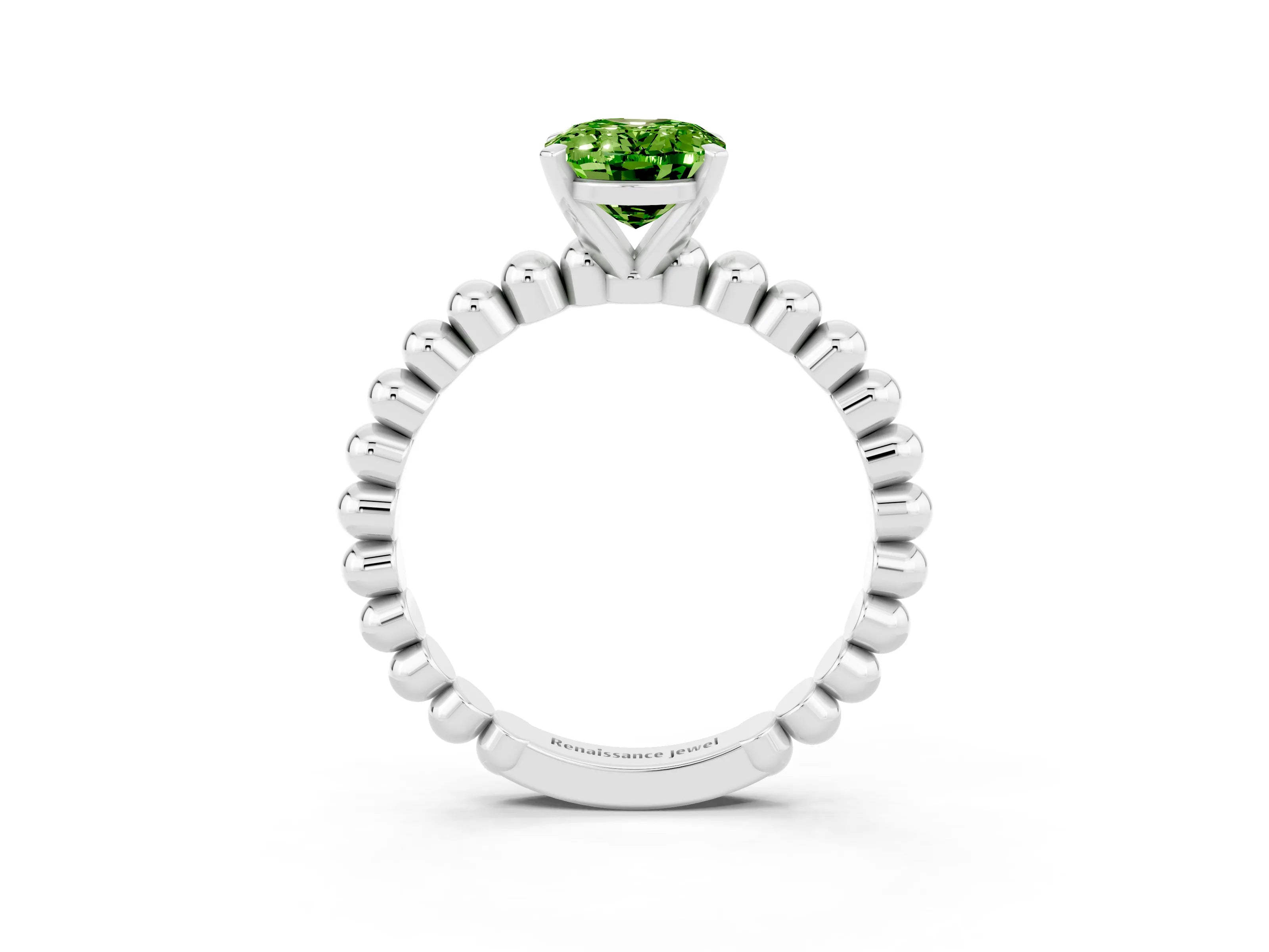 White gold Oval Cut Peridot Solitaire Ring with Beaded Band and Prong Setting_27