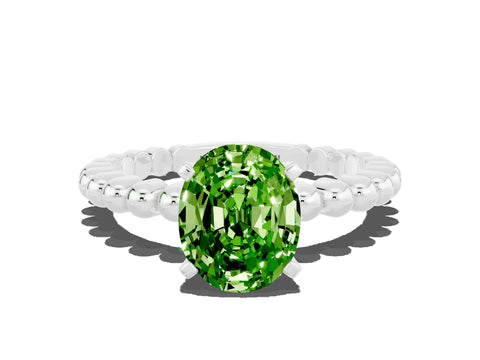 White gold Oval Cut Peridot Solitaire Ring with Beaded Band and Prong Setting_36
