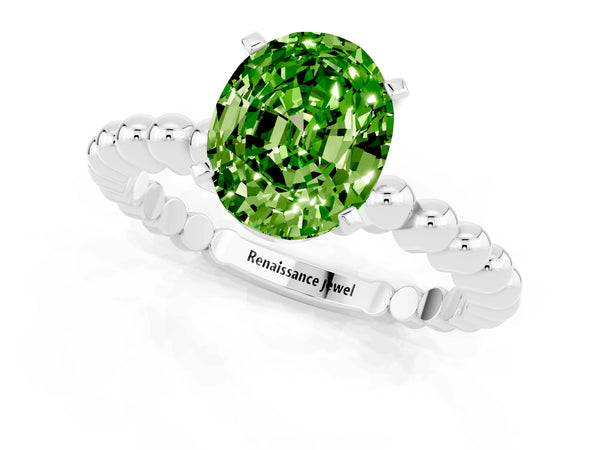 White gold Oval Cut Peridot Solitaire Ring with Beaded Band and Prong Setting