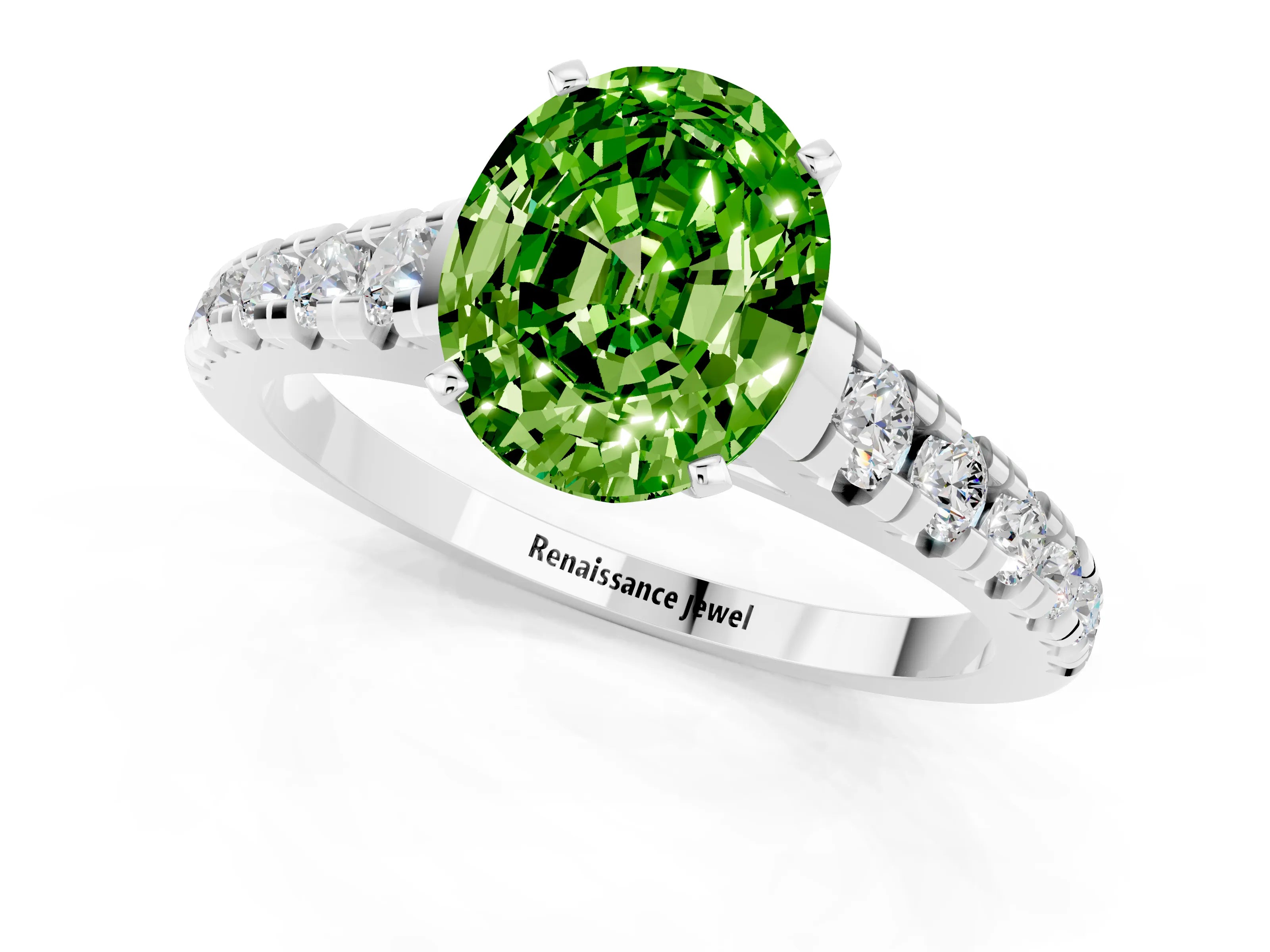 White gold Oval Cut Peridot Solitaire Ring with Cathedral Setting and Pavé Band_1