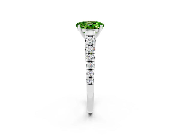 White gold Oval Cut Peridot Cathedral Solitaire Ring with Round  Pavé Band