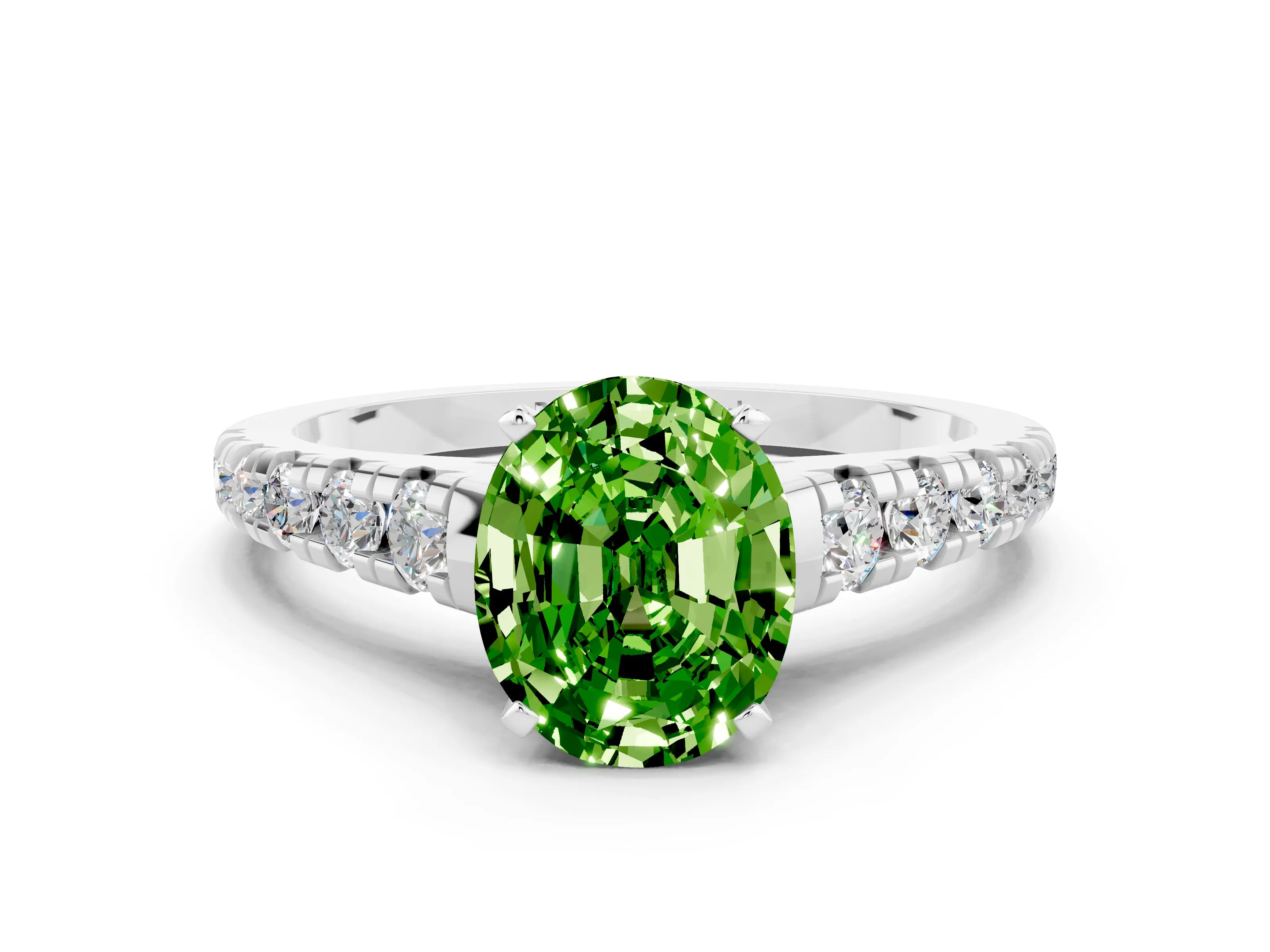 White gold Oval Cut Peridot Solitaire Ring with Cathedral Setting and Pavé Band