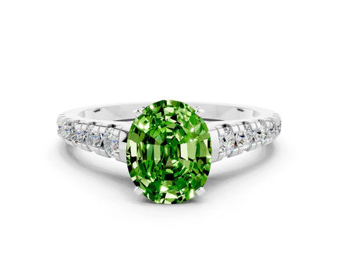 White gold Oval Cut Peridot Solitaire Ring with Cathedral Setting and Pavé Band