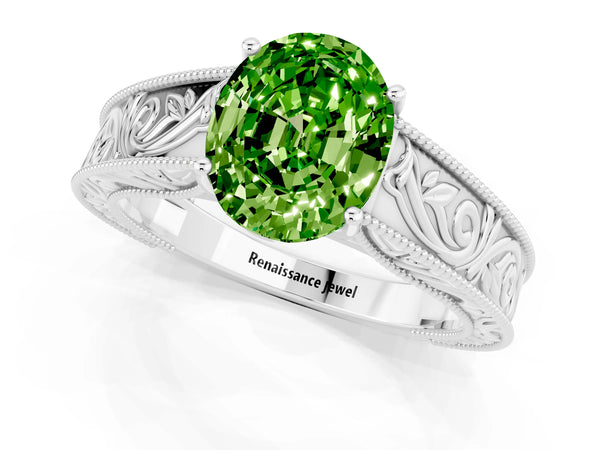 Platinum Oval Cut Peridot Solitaire Ring with Engraved Band and Four-Prong Setting