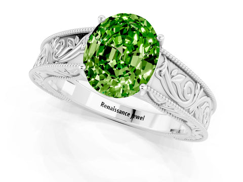 White gold Oval Cut Peridot Solitaire Ring with Engraved Band and Four-Prong Setting_1