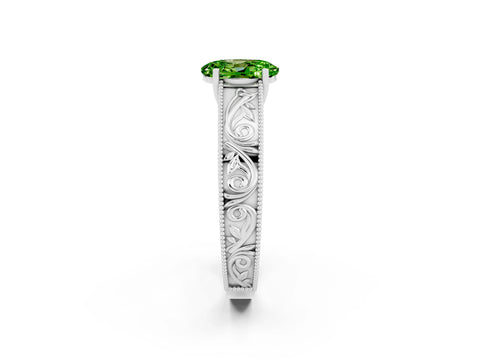 White gold Oval Cut Peridot Solitaire Ring with Engraved Band and Four-Prong Setting_2