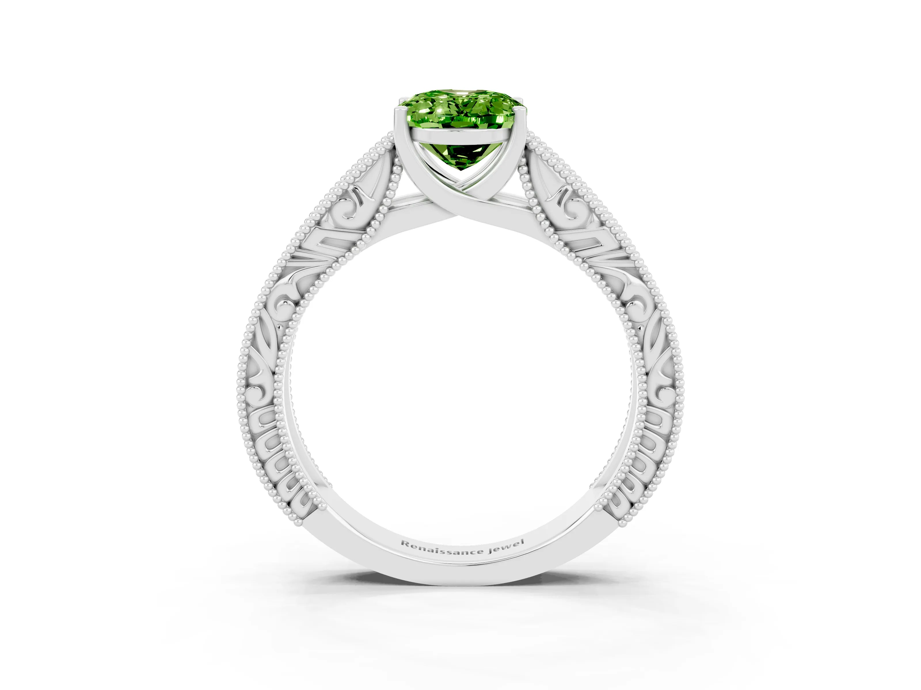 White gold Oval Cut Peridot Solitaire Ring with Engraved Band and Four-Prong Setting_3