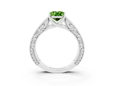 White gold Oval Cut Peridot Solitaire Ring with Engraved Band and Four-Prong Setting_3