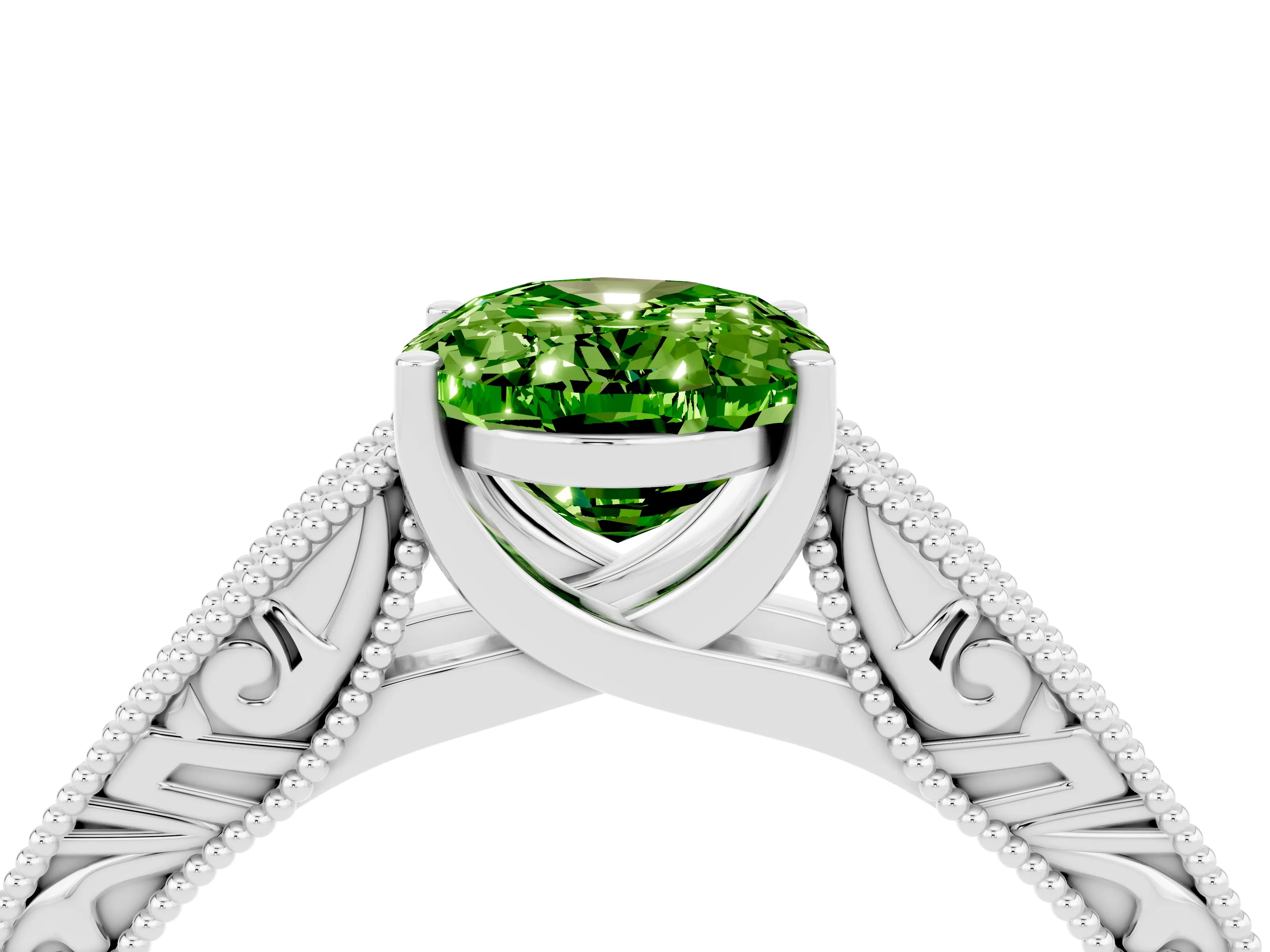 White gold Oval Cut Peridot Solitaire Ring with Engraved Band and Four-Prong Setting_4