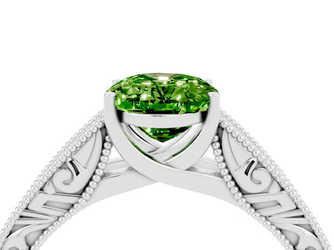 White gold Oval Cut Peridot Solitaire Ring with Engraved Band and Four-Prong Setting_4