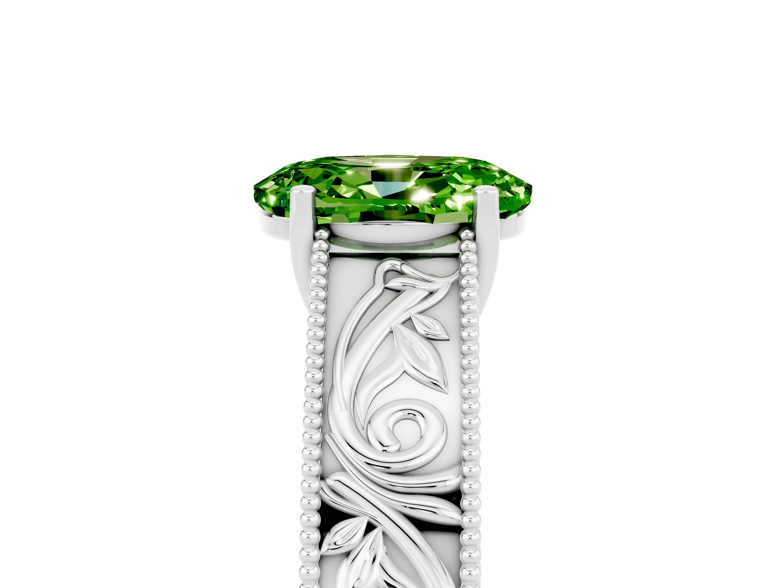 White gold Oval Cut Peridot Solitaire Ring with Engraved Band and Four-Prong Setting_5