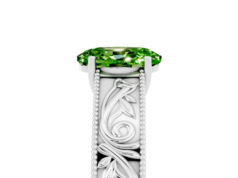 White gold Oval Cut Peridot Solitaire Ring with Engraved Band and Four-Prong Setting_5