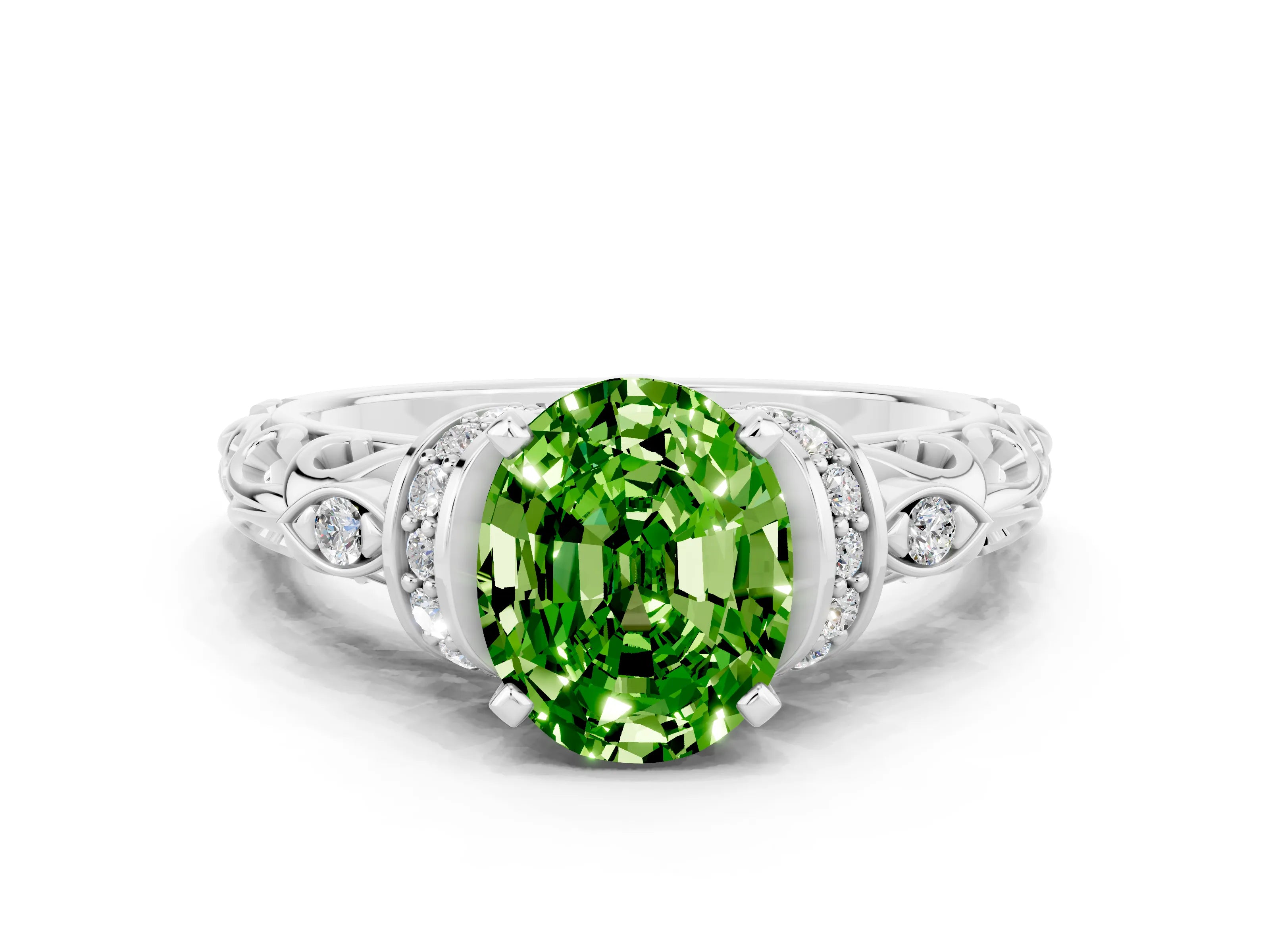 White gold Oval Cut Peridot Solitaire Ring with Filigree Band and Four-Prong Setting_24