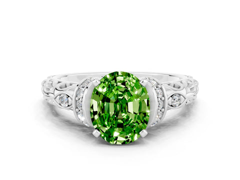 White gold Oval Cut Peridot Solitaire Ring with Filigree Band and Four-Prong Setting_24