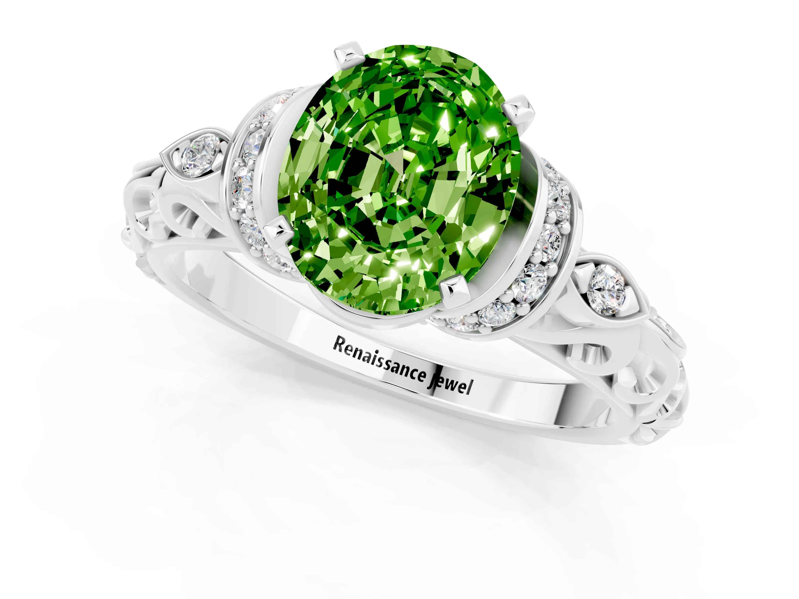 White gold Oval Cut Peridot Solitaire Ring with Filigree Band and Four-Prong Setting_25