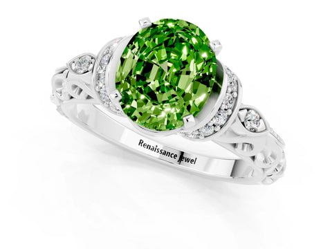 White gold Oval Cut Peridot Solitaire Ring with Filigree Band and Four-Prong Setting_25
