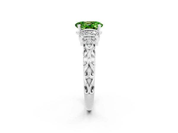 Silver Oval Cut Peridot Solitaire Ring with Filigree Band and Four-Prong Setting