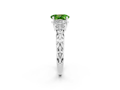 White gold Oval Cut Peridot Solitaire Ring with Filigree Band and Four-Prong Setting_26