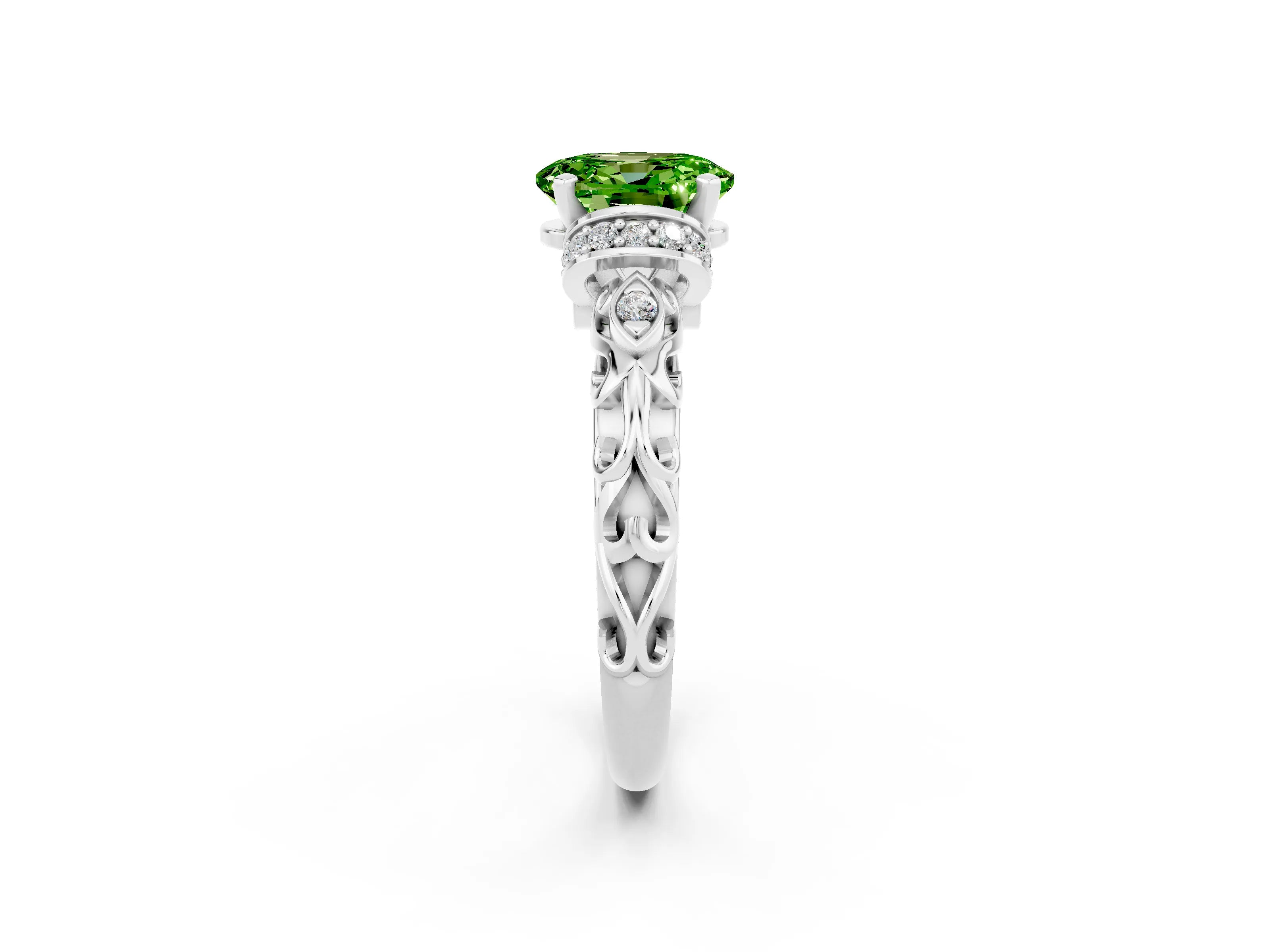 White gold Oval Cut Peridot Solitaire Ring with Filigree Band and Four-Prong Setting_26