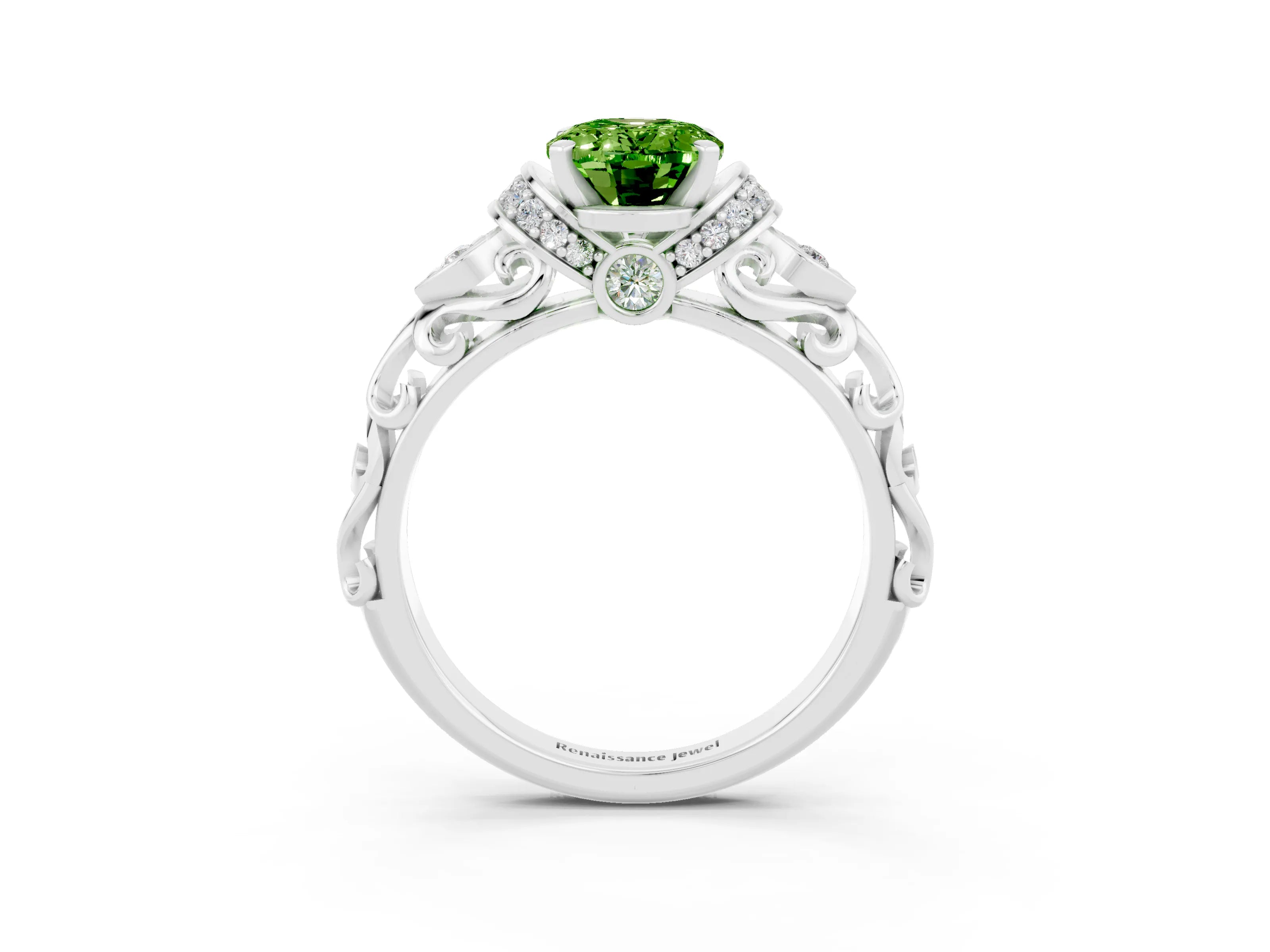 White gold Oval Cut Peridot Solitaire Ring with Filigree Band and Four-Prong Setting_27