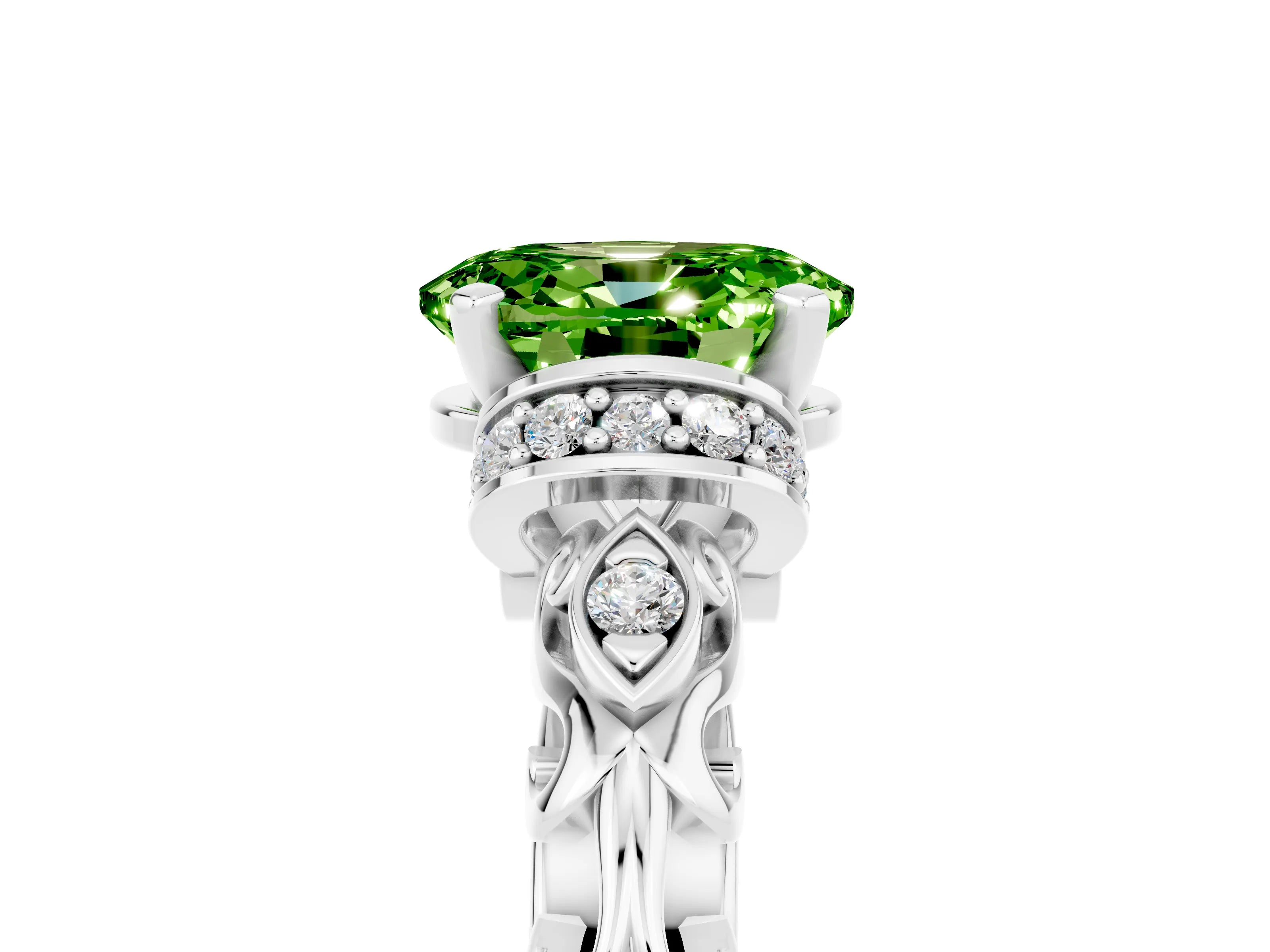 White gold Oval Cut Peridot Solitaire Ring with Filigree Band and Four-Prong Setting_29
