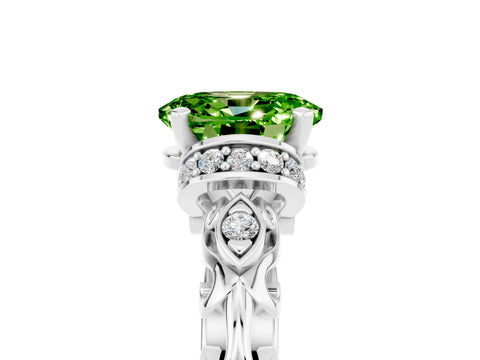 White gold Oval Cut Peridot Solitaire Ring with Filigree Band and Four-Prong Setting_29
